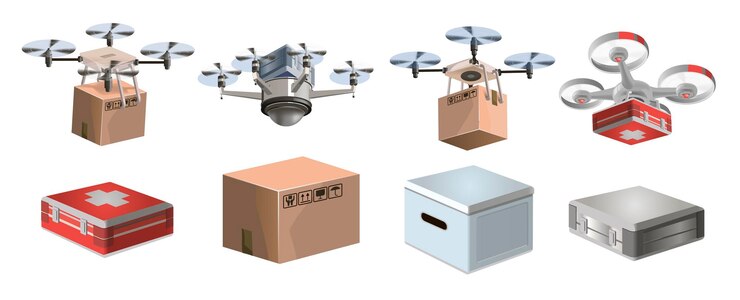 Vector flat cardboard carton box and medicak kit pack 3d pack vector isolated boxcollection of delivery drones with boxes and medical kit set of drones vector illustration graphic design
