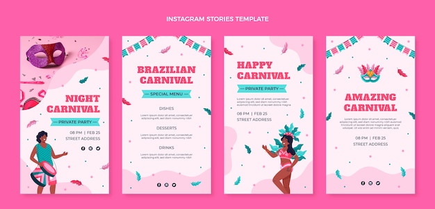 Raccolta di storie di instagram di carnevale piatto