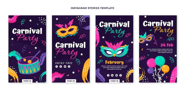 Raccolta di storie di instagram di carnevale piatto