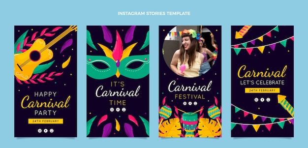 Raccolta di storie di instagram di carnevale piatto