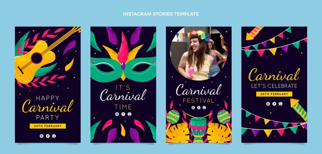 Raccolta di storie di instagram di carnevale piatto