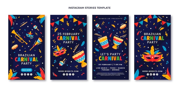 Vettore raccolta di storie di instagram di carnevale piatto