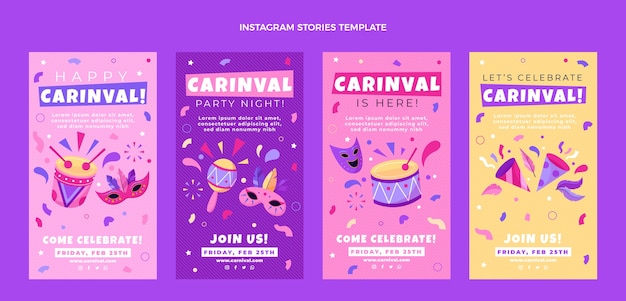 Vettore raccolta di storie di instagram di carnevale piatto