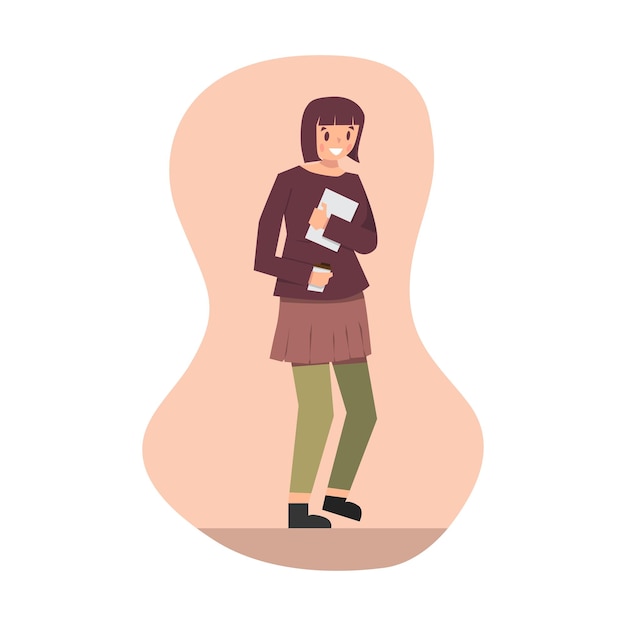 Flat cartoon character of happy woman holding coffee and document