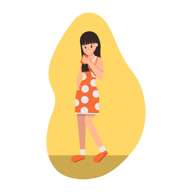 Flat cartoon character of happy woman holding mobile phone