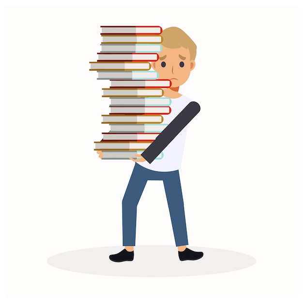 Flat cartoon character illustration of a boy carrying a big stack of books. the boy is sad because too much books to read. education.