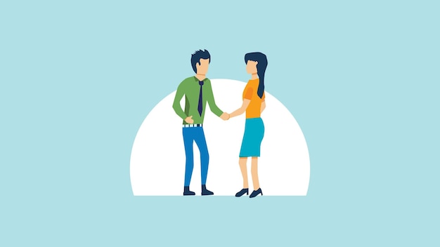 Flat cartoon character of man and woman shaking hands