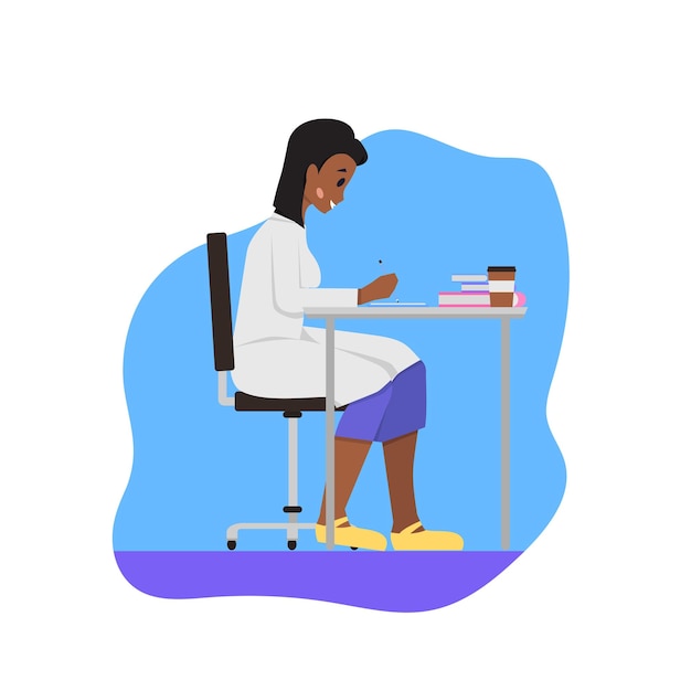 Flat cartoon character of Science woman researcher sit in the chair writing a note