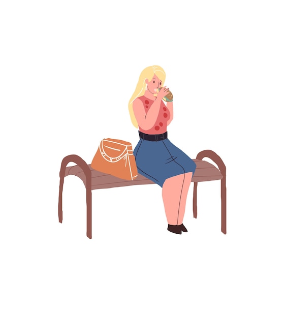 Flat cartoon character sitting on benchmeal break vector illustration concept