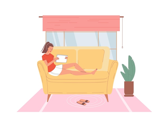 Flat cartoon character surfing internet indoor at home interior illustration