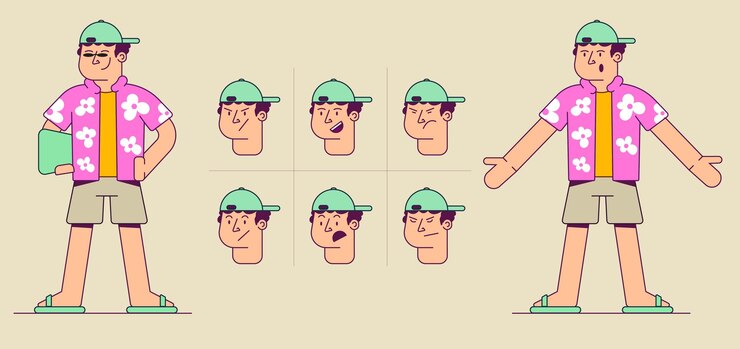 Vector flat cartoon character with 8 face expressions vector animation kit