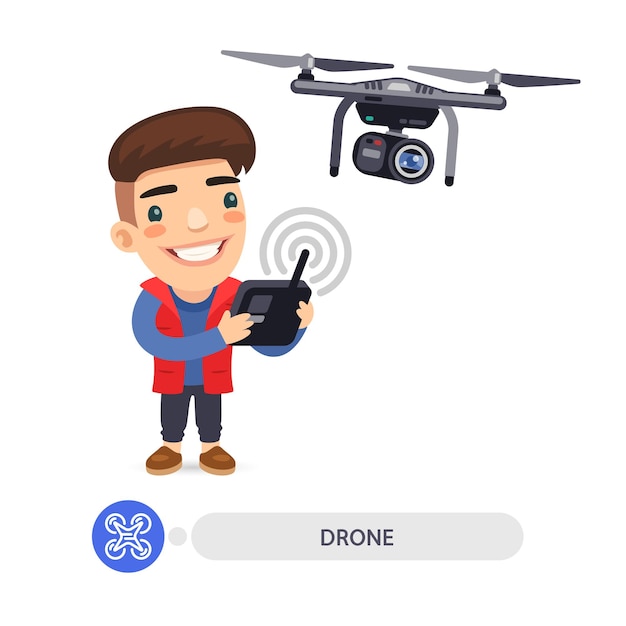 Flat cartoon character with drone camera