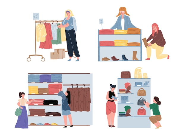 flat cartoon characters shopping in clothing store,vector illustration concept