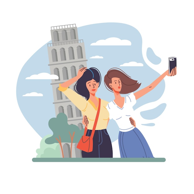 Vector flat cartoon characters take pictures making selfie outdoor illustration