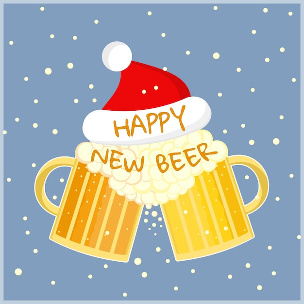 Vector flat cartoon colorful two beer glasses in christmas hat toast cheers symbol