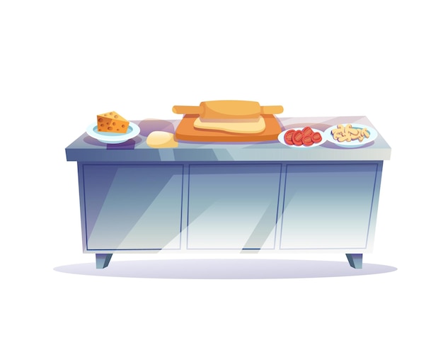 Vettore piatto di cartone animato tavolo da cucina con pasta di laminazione e ingredienti alimentarihome furniturekitchen elementi interni concetto illustrazione vettoriale