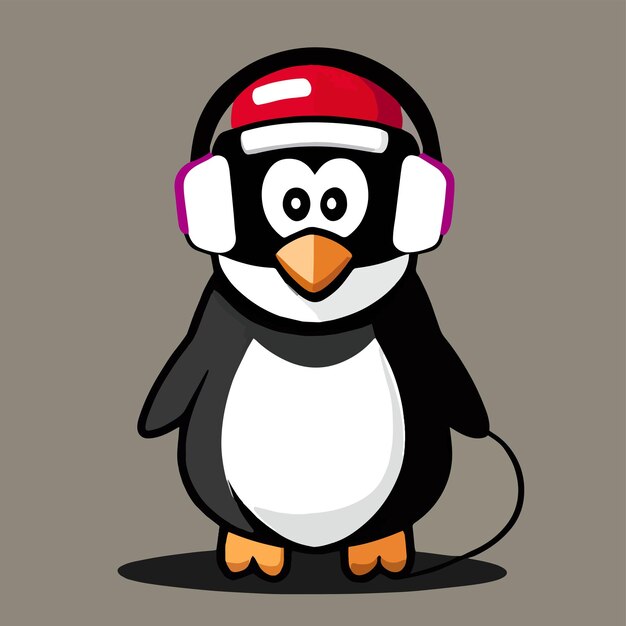 Flat cartoon design in a cool animal style cute mascot design for a penguin wearing a headset