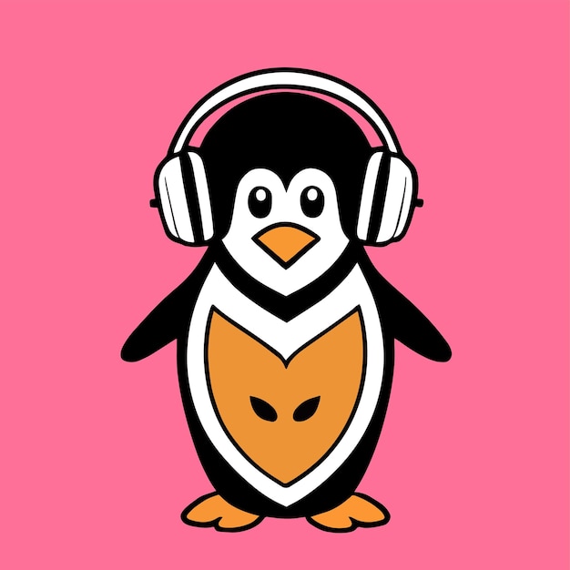 Vector flat cartoon design in a cool animal style cute mascot design for a penguin wearing a headset