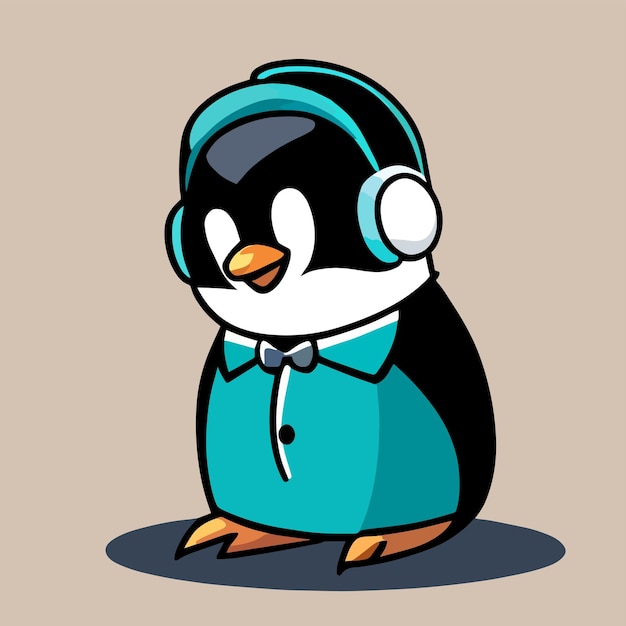 Flat cartoon design in a cool animal style cute mascot design for a penguin wearing a headset