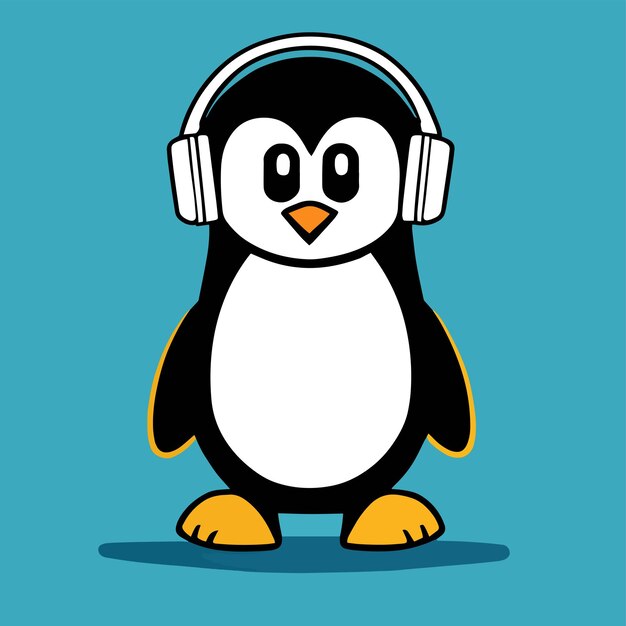 Flat cartoon design in a cool animal style cute mascot design for a penguin wearing a headset