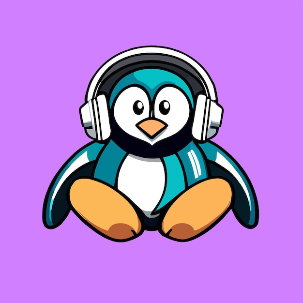Flat cartoon design in a cool animal style cute mascot design for a penguin wearing a headset