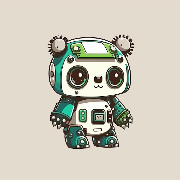 카드 책 및 광고 디자인에 적합한 귀여운 팬더 로봇 마스코트의 플랫 만화 디자인
