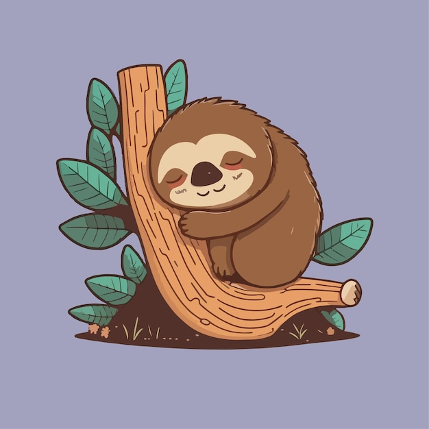 Vector flat cartoon design cute sloth animal mascot sleeping on a tree trunk