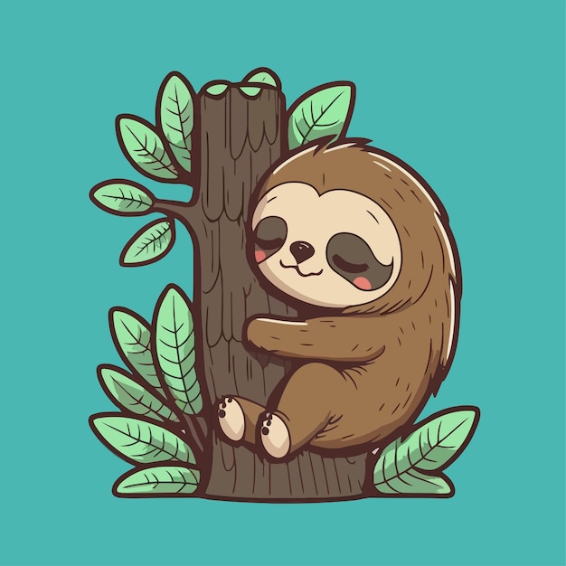 Vector flat cartoon design cute sloth animal mascot sleeping on a tree trunk