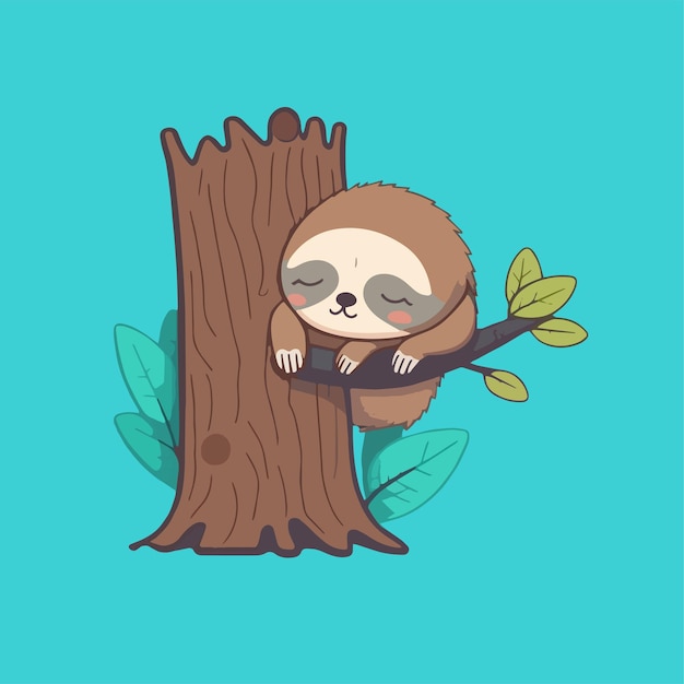 Flat cartoon design cute sloth animal mascot sleeping on a tree trunk