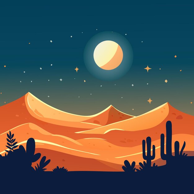 Vettore illustrazione di disegno di cartone animato piatto creare un'illustrazione del deserto di notte con un chiaro stellato