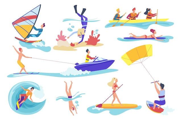 Плоский мультфильм разные женщины-мужчины, занимающиеся водными видами спорта