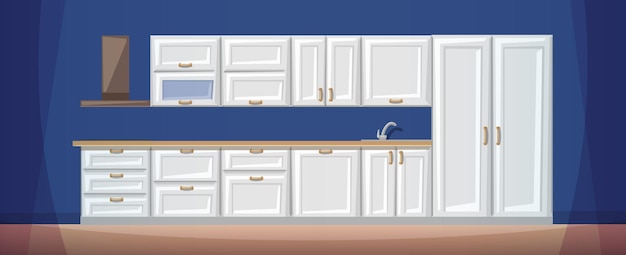 Vector flat cartoon of empty white wooden kitchen unit