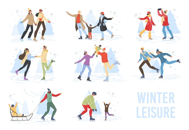 Плоские мультяшные семейные персонажи занимаются зимними видами спорта на открытом воздухе