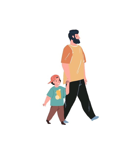 Flat cartoon family characters parent and kid on walkhealthy family vector illustration concept