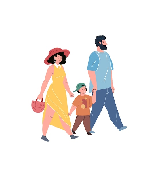 Flat cartoon family characters parents and kid on walkhealthy family vector illustration concept