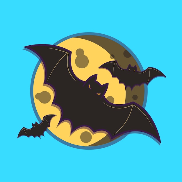 flat cartoon of flying bat and moon