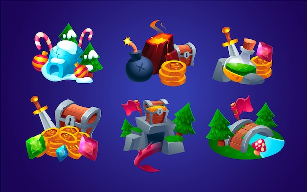 Set di mini composizioni di elementi di giochi di cartoni animati piatti