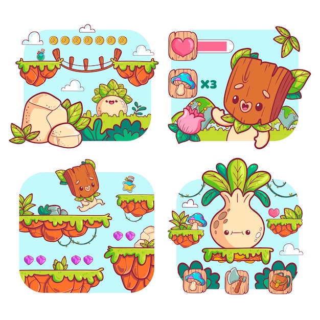 Flat cartoon game elements mini composition set