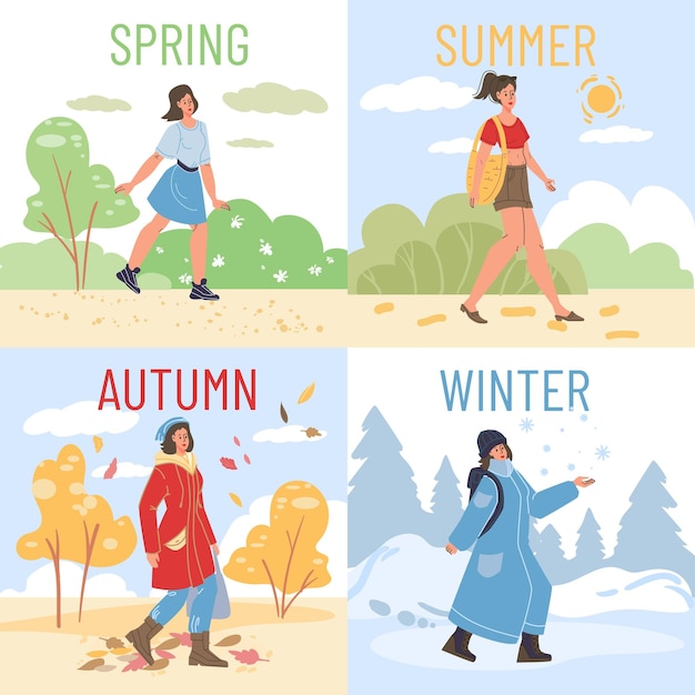 ベクトル さまざまな季節にさまざまな服を着て屋外を歩くフラットな漫画の女の子のキャラクター