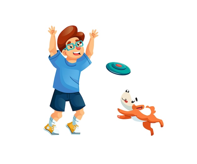 Flat cartoon happy character walks with dogpet animal care vector illustration concept