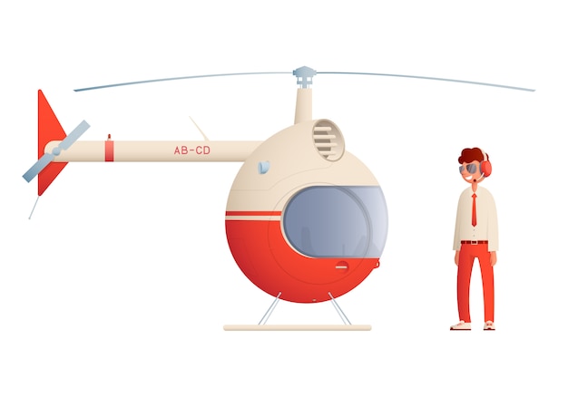 Flat cartoon helicopter with pilot.