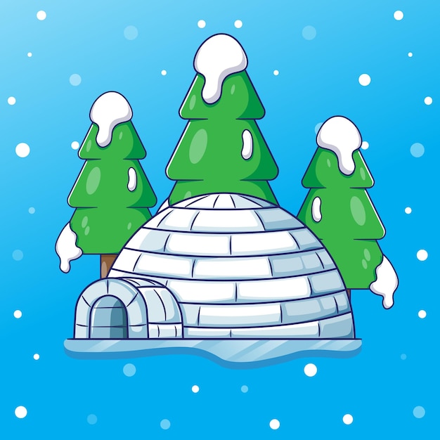 Igloo a cartone animato piatto con alberi di abete e sfondo di nevicate in inverno illustrazione bella scena