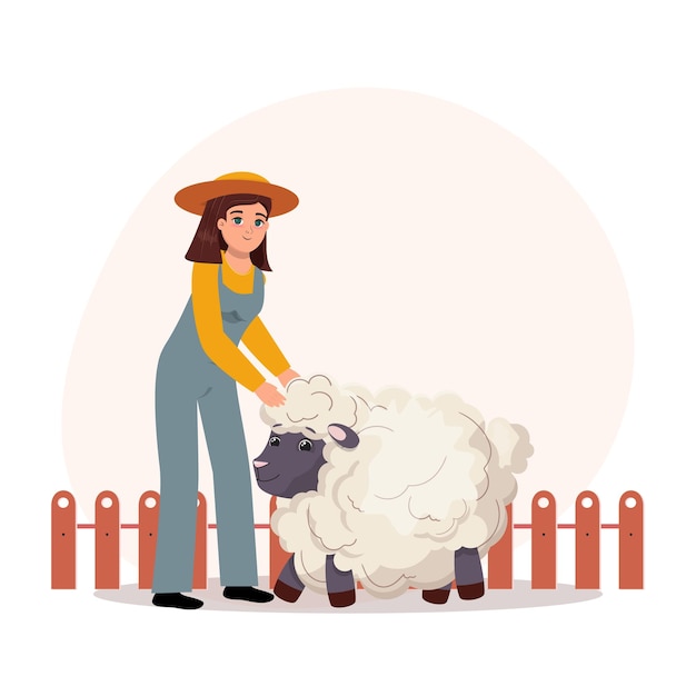 Flat cartoon illustration of a female woman taking care of a sheep Farm livestock agriculture