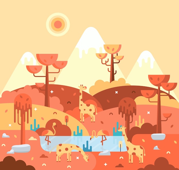 Flat cartoon illustration giraffe and pink flamingos african landscape