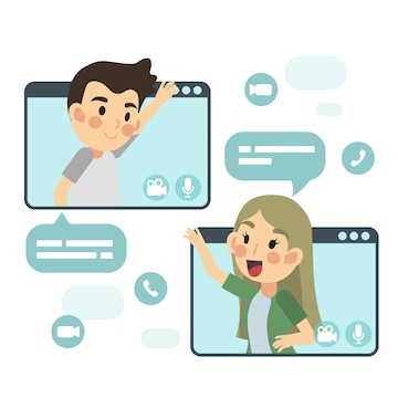 Premium Vector | Flat cartoon illustration of video call concept,global network. man and woman are talking and video calling via internet application. Premium Vector | Flat cartoon illustration of video call concept,global network. man and woman are talking and video calling via internet application.