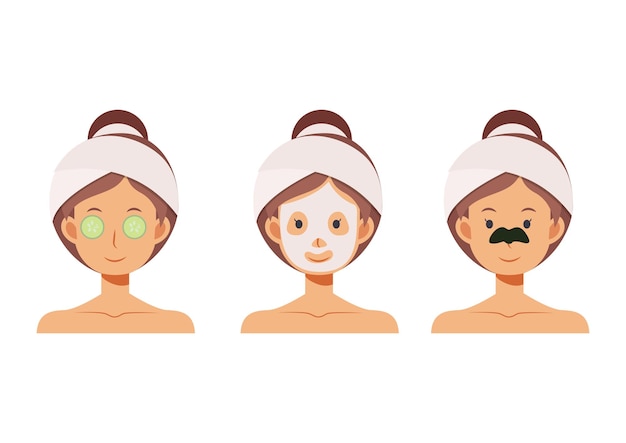 Flat cartoon  illustration of woman with face mask, nose patches, cucumber eye patch skincare.