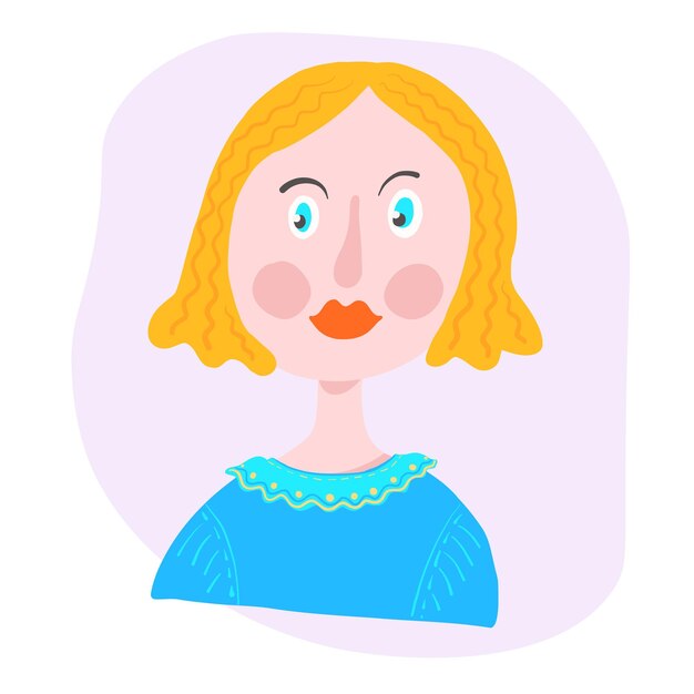 A flat cartoon illustration of a young lady with blue eyes and yellow short hair Girls avatar