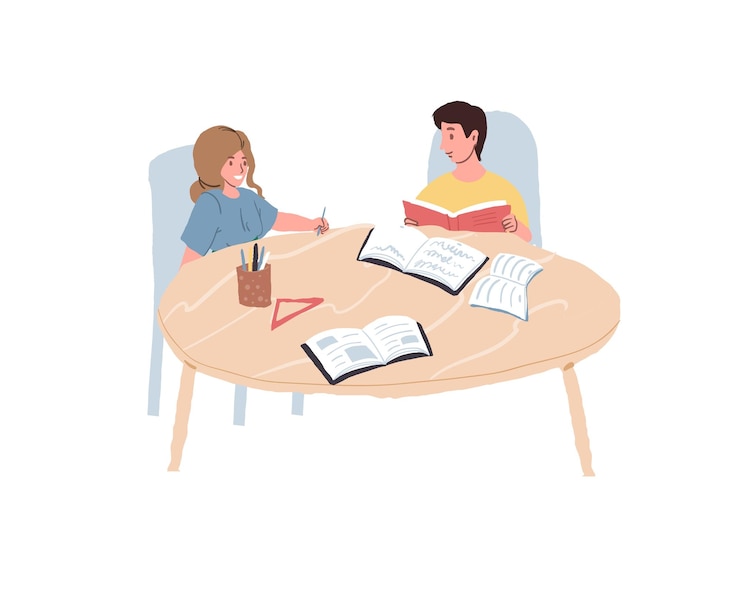 Vector flat cartoon kid characters students study at tablehappy fun childhood and learning educational vector illustration concept