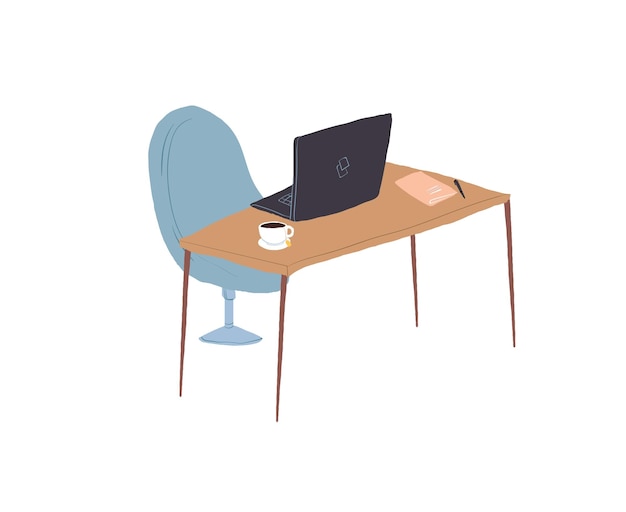 Flat cartoon laptop on work deskelectronic equipmentfurniture and office interior elements vector il