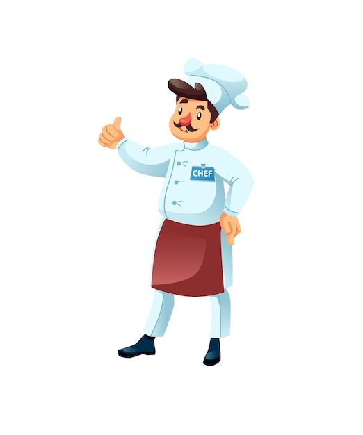 仕事でフラット漫画の男のキャラクターシェフは、ジェスチャーレストランのスタッフとプロの料理料理ベクトルイラストの概念を親指を示しています